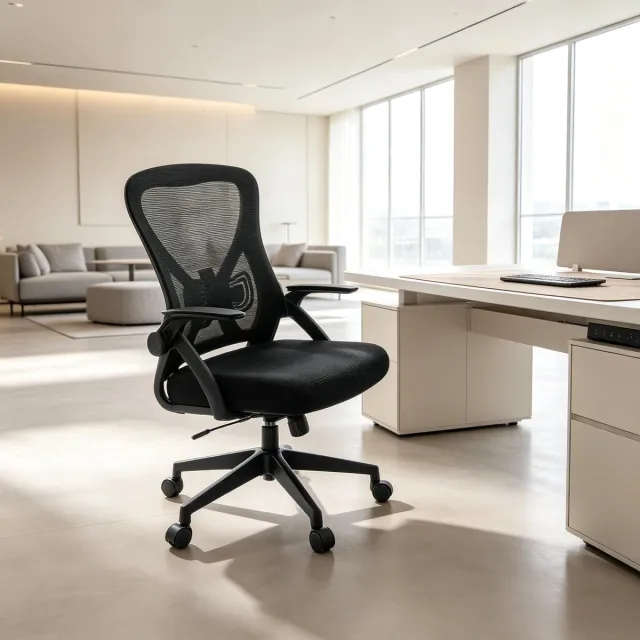 MODFU Bureaustoel - Ergonomische Netrugleuning - Klapbare Armleuningen - Zwart