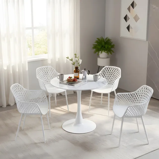 EGGREE eettafel en stoelen set - marmeren tafel Ø 80 cm met 4 zwarte stoelen - voor bar - café en eetkamer Marmerkleur-R4WH