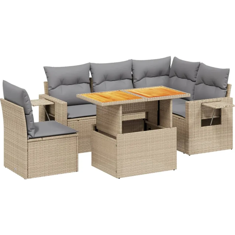 vidaXL 6-delige Loungeset met kussens poly rattan beige, foto 3