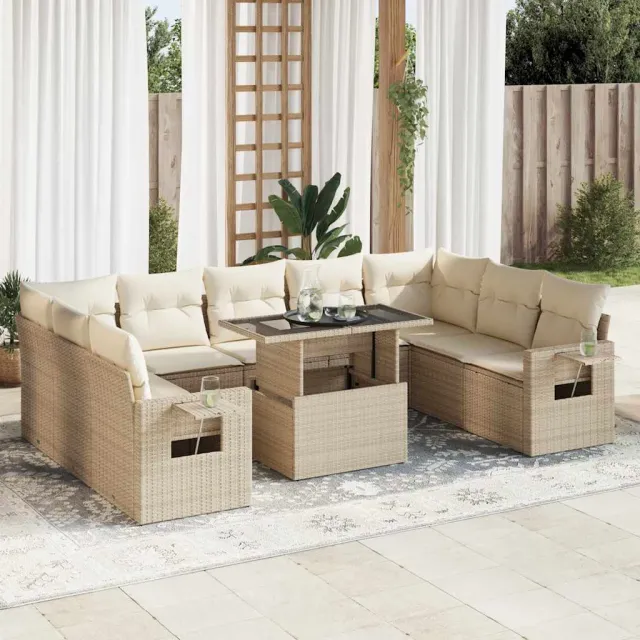 vidaXL 10-delige Loungeset met kussens poly rattan beige, foto 2