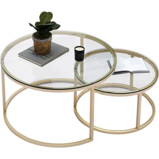 Bolt Edge Salontafel - Set van 2 - Rond - Glas Goud - Landelijk - Woonkamer Transparant