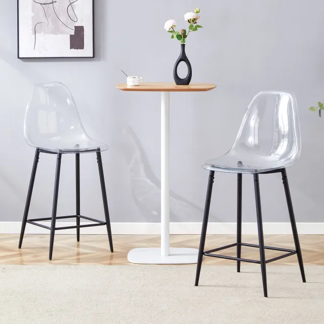 FloraGrace Barkruk Set Van 2 - Transparante Kunststof Zitting - Met Zwarte Metalen Poten En Voetsteun - Voor Keuken, Bar Of Eetkamer - Modern - Zwart