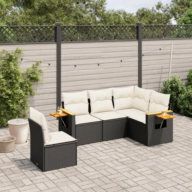 vidaXL 5-delige Loungeset met kussens poly rattan zwart, foto 2