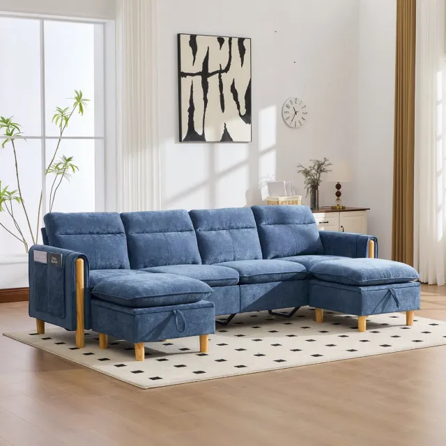 MODENUIT U-Bank 261 x 77 x 86 cm - Modulaire Opstelling Met 2 Opbergpoefs - Woonkamer - Chenille - Blauw