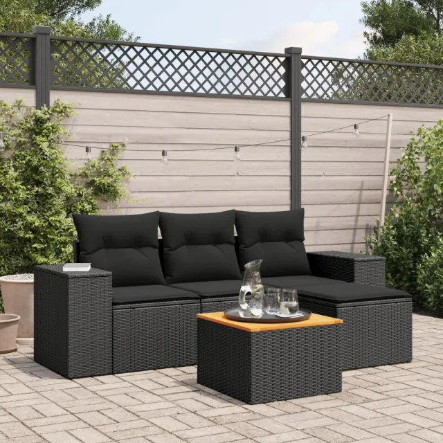 vidaXL 5-delige Loungeset met kussens poly rattan zwart, foto 2