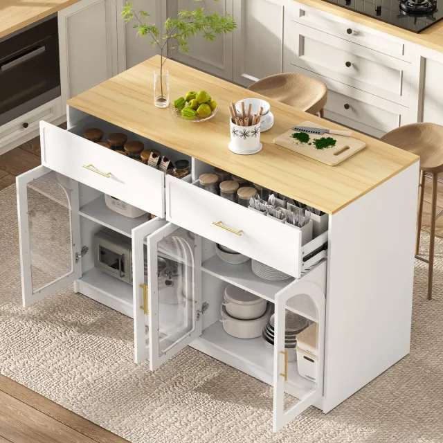 REDOM Kookeiland - LED-verlichting - 2 lades en verstelbare legplanken - Transparante boogdeuren - Voor keuken en eetkamer - MDF - Wit - 135 x 55 x 91 cm