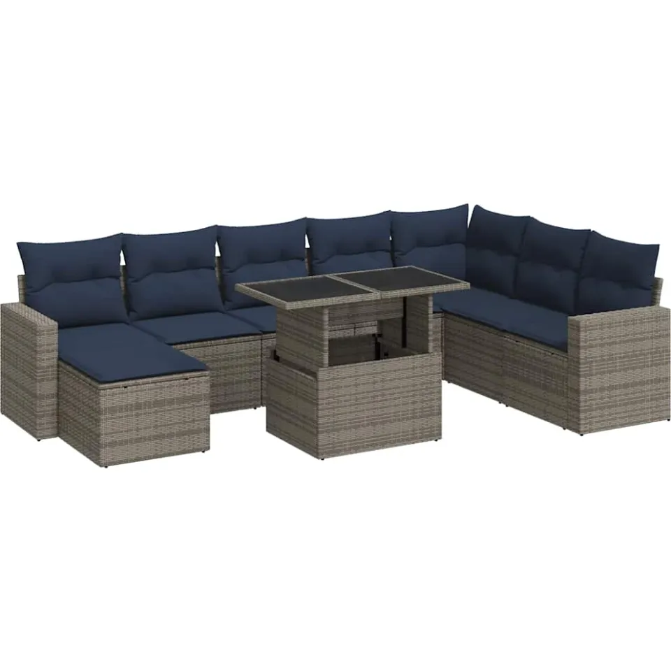 vidaXL 9-delige tuinbankset met kussens, grijs polyrotan acacia, foto 3