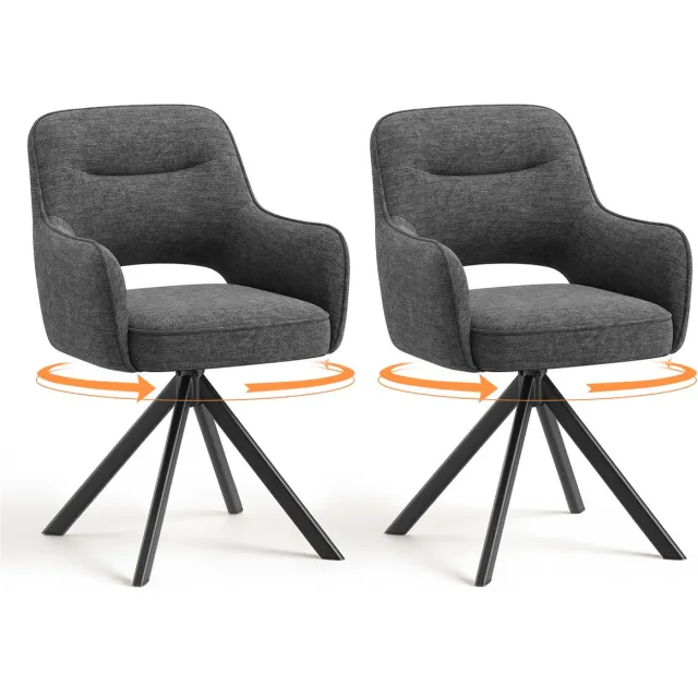 COLAMY 360° draaibare eetkamerstoelen - set van 2 - stoffen stoelen voor de eetkamer met armleuningen - holle rugleuning en dik zitkussen - keukenstoel met antislipzolen - fauteuils voor de woonkamer - grijs