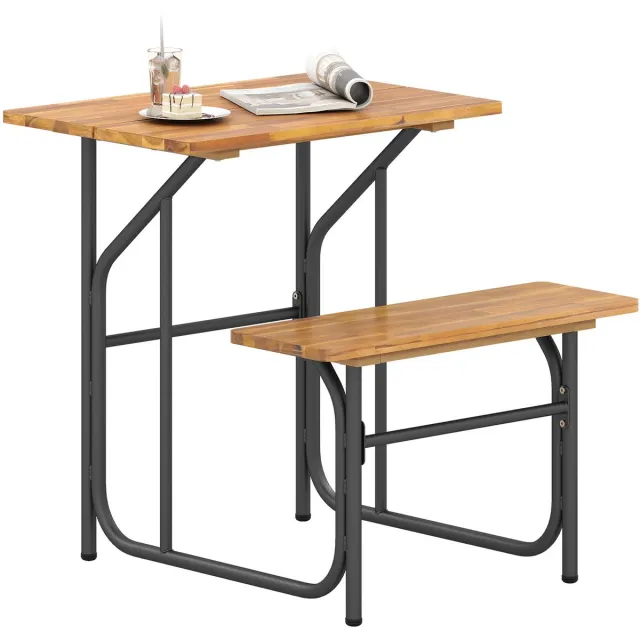 KOMFOTTEU picknicktafel bank voor 1 persoon, set eettafel en bank van acaciahout met robuuste metalen structuur, voor terras, veranda, tuin, achtertuin zwart + naturel