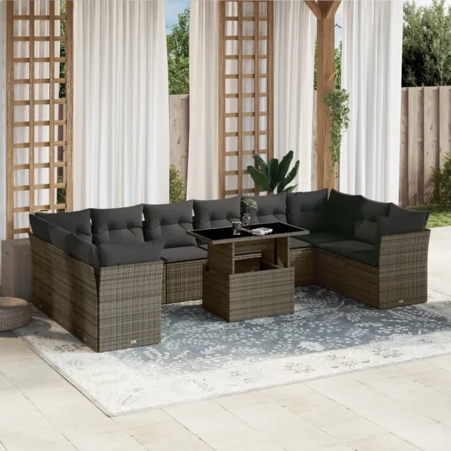 vidaXL 11-delige Loungeset met kussens poly rattan grijs, foto 2