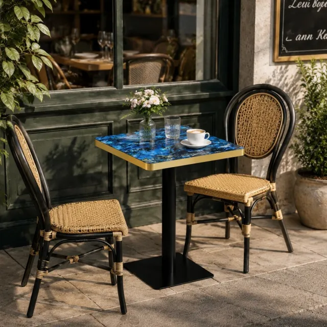 MODFU Eettafel - Vierkant - Marmerlook - Gouden Rand - Modern - MDF - Blauw - 60 X 60 X 74 Cm