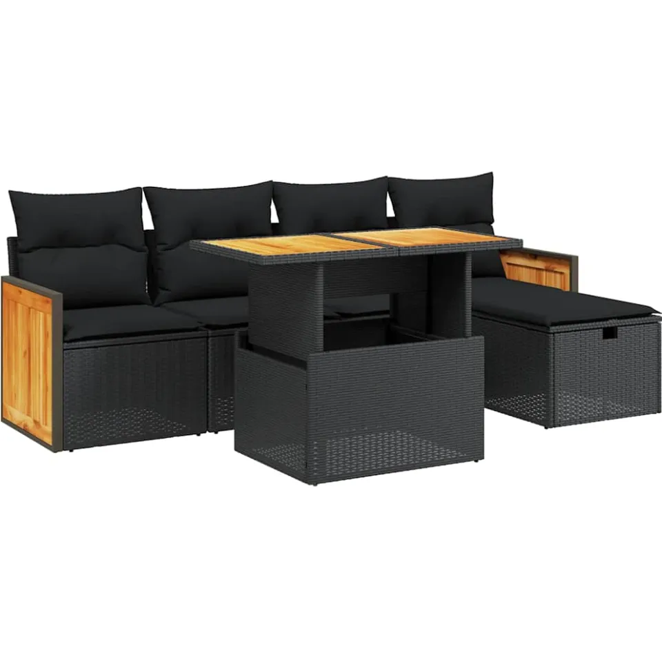 vidaXL 6-delige Loungeset met kussens poly rattan zwart, foto 3