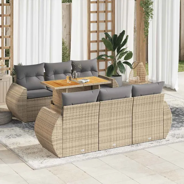 vidaXL 7-delige Loungeset met kussens poly rattan beige, foto 2