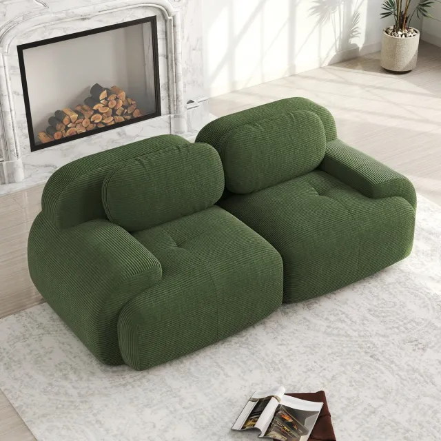 MODFU Modulaire Hoekbank – Zonder frame met gebogen armleuningen – Eenvoudig design – Ribstof – 32D schuim – Antislip – Groen Groente