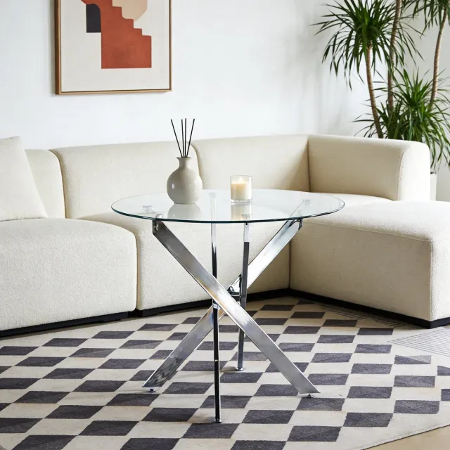 DESMIU Eettafel - Moderne Ronde Glazen Tafel Met Stabiele Metalen Poten - Ruimtebesparend Voor Keuken En Woonkamer - Zilver - 80x80x75 Cm
