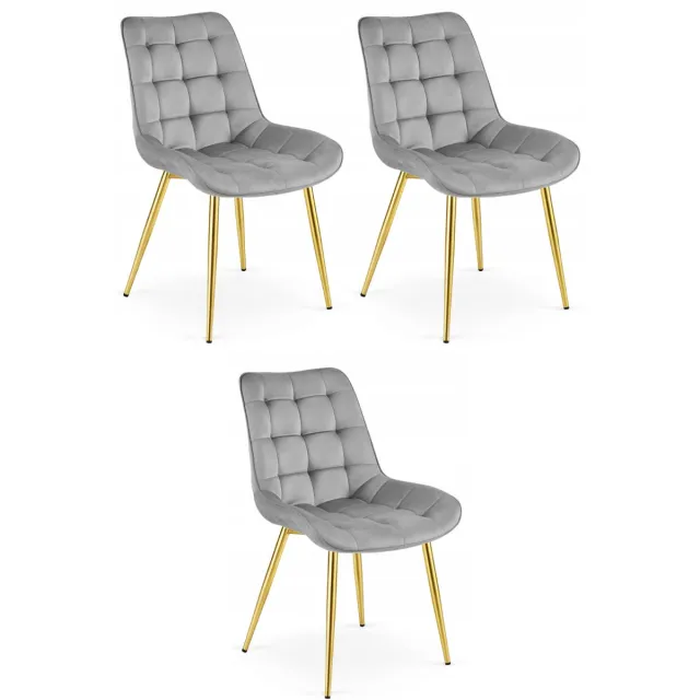 Oskar Set van 3 Eetkamerstoelen BERA – Lichtgrijs Velvet / Fluweel – Gestoffeerde Zitting – Goudkleurige Metalen Poten – Modern Scandinavisch Design – Voor Eetkamer, Keuken en Woonkamer
