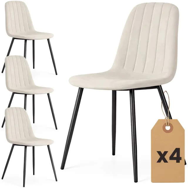 Whoopr® Set van 4 Velours Eetkamerstoelen – Beige Gestoffeerde Stoelen met Gewatteerde Zitting – Moderne Eetkamerstoelen met Zwarte Poten