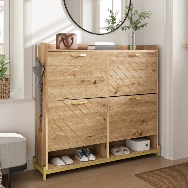 OKWISH Schoenenkast – Ruimtebesparend 108,5x24x100 cm – Smal Voor Hal – MDF Lichtbruin – Stevige Metalen Poten – Met Goudkleurige Accenten Houtkleur