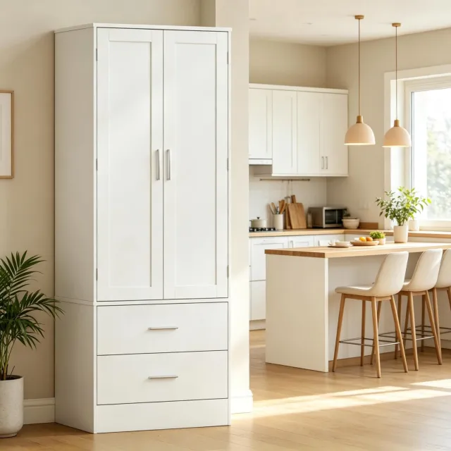 OKWISH Keukenkast - 2 Deuren en 2 Lades - Verstelbare Legplanken en 8 Kruidenrekken - Voor de Keuken - MDF en Spaanplaat Wit - 60 x 40 x 159 cm