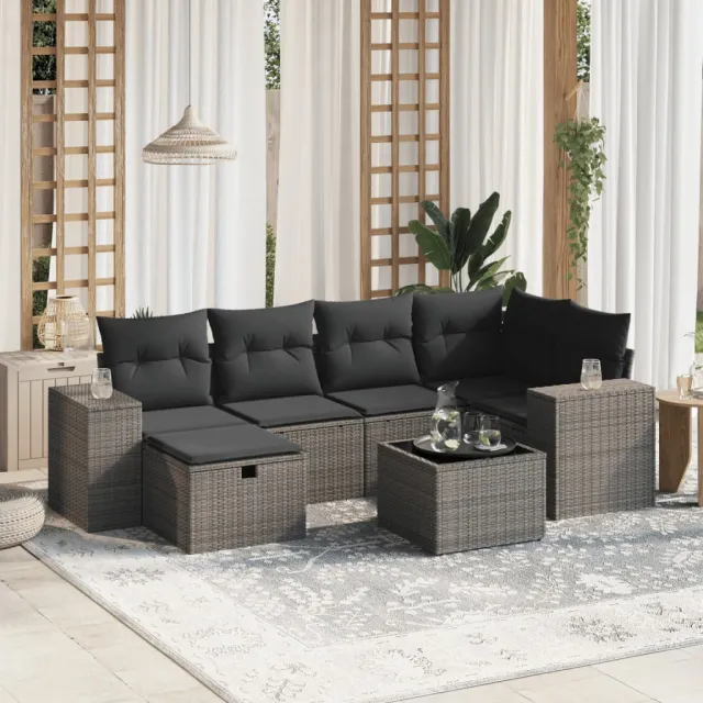 vidaXL 7-delige Loungeset met kussens poly rattan lichtgrijs grijs, foto 2