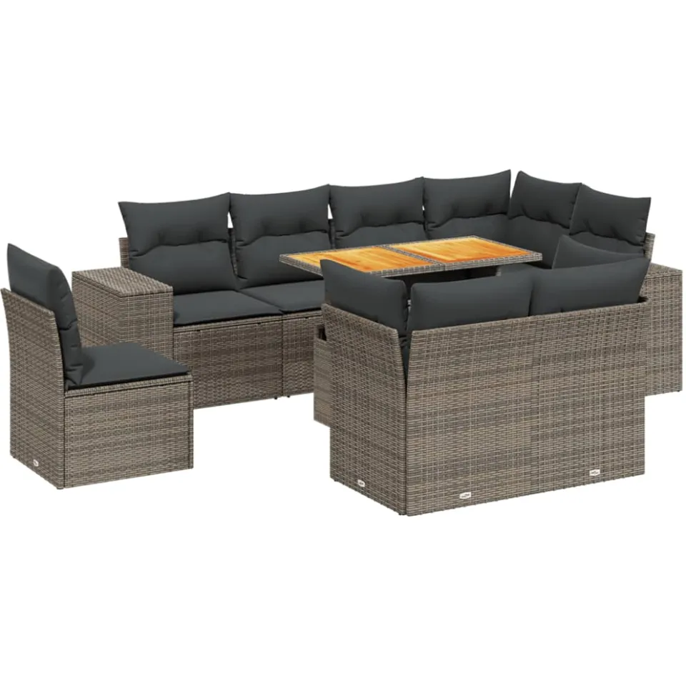 vidaXL 9-delige Loungeset met kussens poly rattan grijs