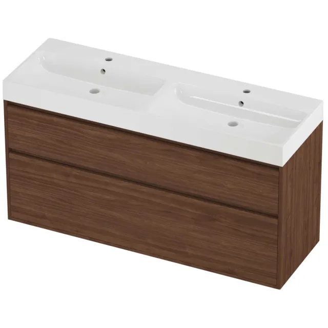 Proline Podium Badmeubelset Polystone Loft 2 Gaten 140x46x75 cm Glans Wit Indian Walnut Houtlook