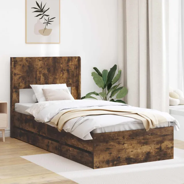 vidaXL Bedframe met opbergruimte en hoofdbord met lade Gerookt eiken Bruin