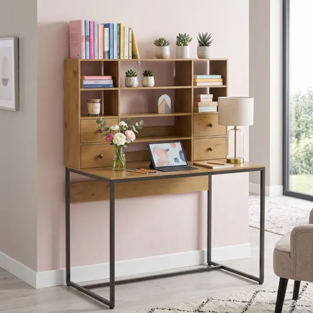 MIVRAY Bureau – 105 x 60 cm Met 4 Lades En Verstelbaar Opbergrek – Spaanplaat En Metaal – Naturel Hout – Thuiswerkplek