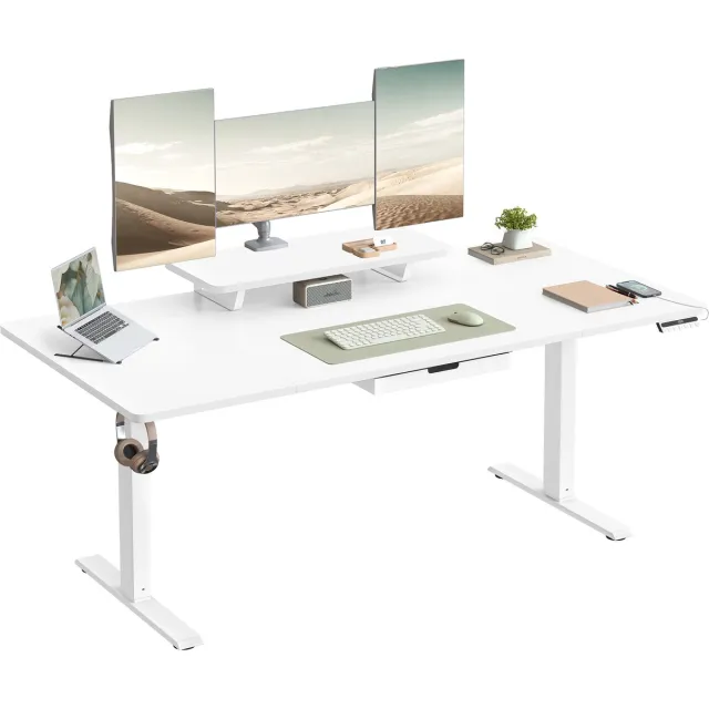 Vasagle Zit Sta Bureau - Elektrisch - Met Monitorstandaard en Lade - USB-C Aansluiting Wit