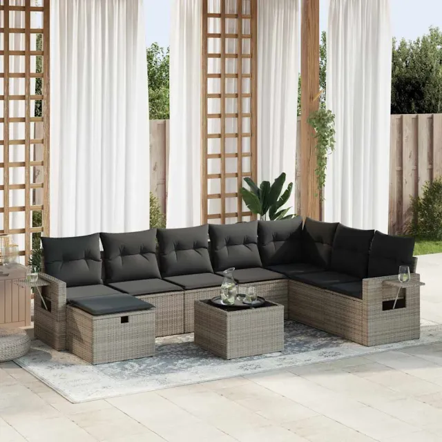 vidaXL 9-delige Loungeset met kussens poly rattan grijs, foto 2