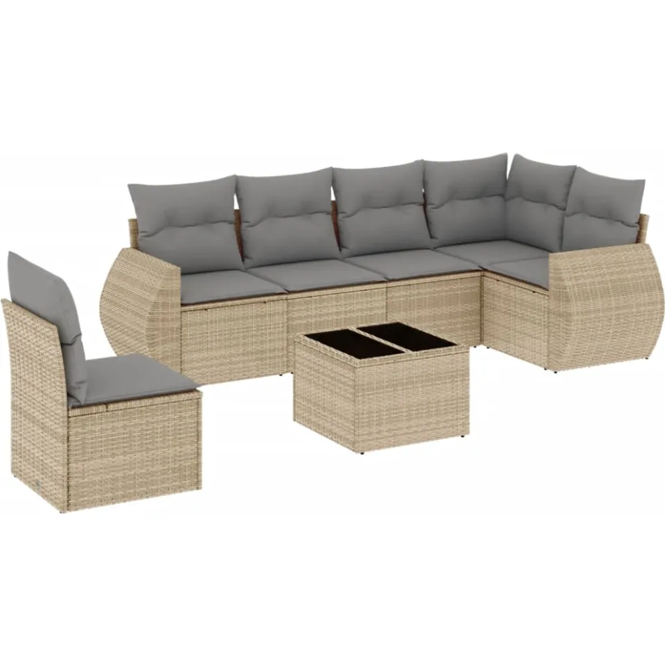 vidaXL 7-delige Loungeset met kussens poly rattan beige, foto 3