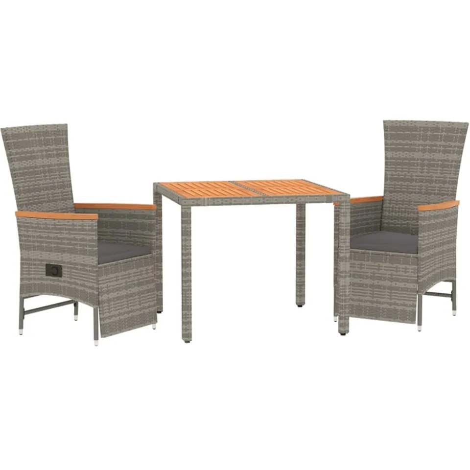 vidaXL 3-delige Tuinset met kussens poly rattan grijs