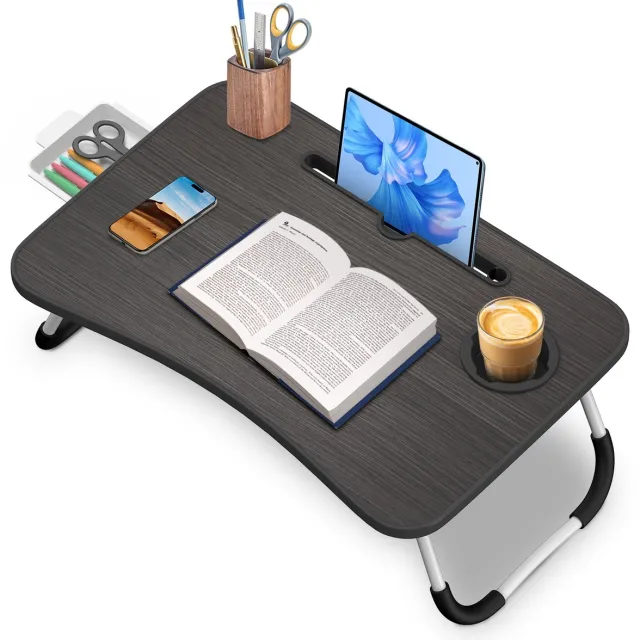 Arvioo ‑Opvouwbaar‑laptoptafel‑zwart‑met‑tablethouder‑bekerhouder‑lade
