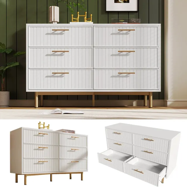 Zubaliya Kommode - 120x40x75 cm - 6 laden & geribbelde fronten - goudkleurige handgrepen - metalen sokkel Wit
