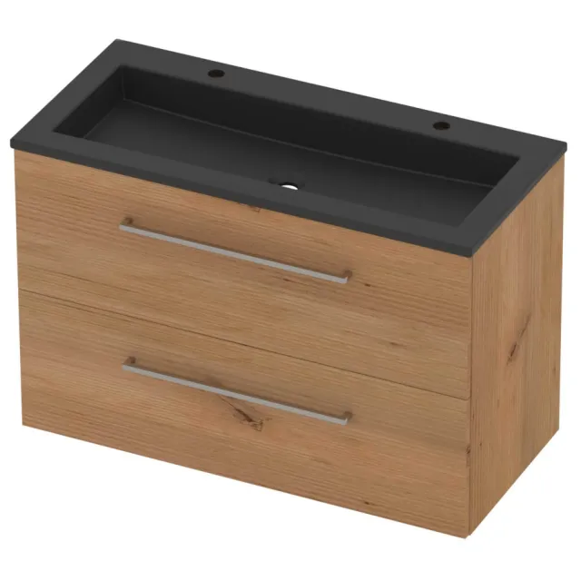 Basic-Line Aura 46 Badmeubelset Acryl 2 Kraangaten Voor Grepen 100x46x62 cm Whisky Oak Mat Zwart