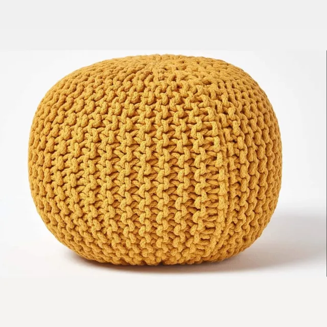 Unyqoos Poef gebreide poef rond vloerkussen, zitpoef 35 x 40 cm, gevoerde zitpoef, zitpoef met grof gebreide overtrek van 100% katoen, gebreide poef, mosterd geel