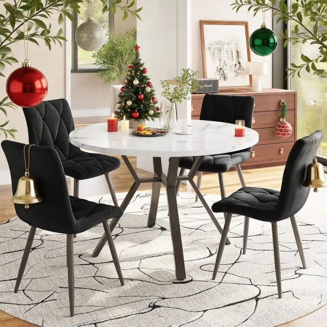 REDOM Eettafel rond radius 50 cm, MDF wit marmermotief blad en zwart X-vormig stalen onderstel, minimalistisch Wit+Zwart