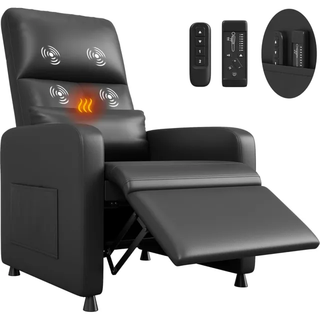 Danky Elektrische Relaxstoel met Massage en Verwarming - Verstelbare TV-fauteuil (90°-150°) - PU-Leer - Geheugenfunctie - Zwart - Max. 136 kg