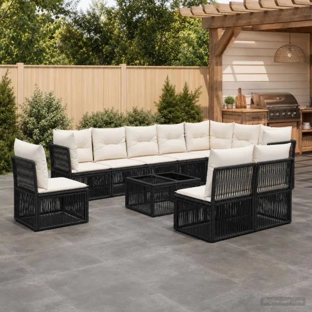vidaXL Tuinbankenset 11 st 10-zits Zwart poly rattan, foto 2