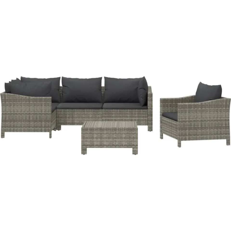 vidaXL 6-delige Loungeset met kussens poly rattan grijs