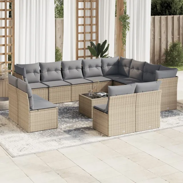 vidaXL 13-delige Loungeset met kussens poly rattan beige, foto 2