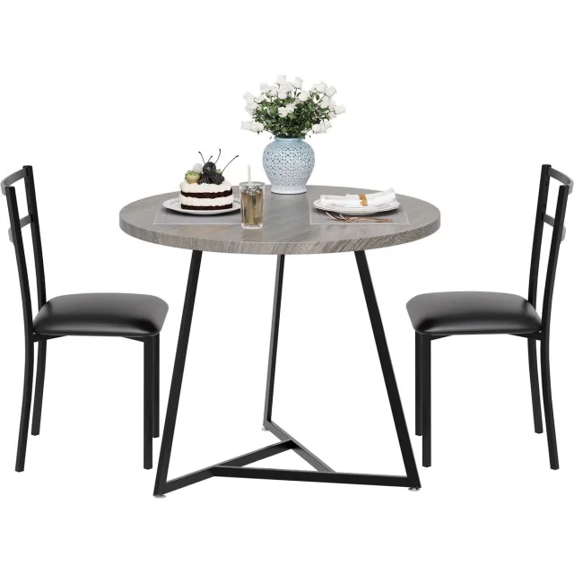 BELFURN 3‑delige eettafelset voor 2 personen - ronde eethoek met beklede stoelen - 80 x 80 x 75cm -Grijs