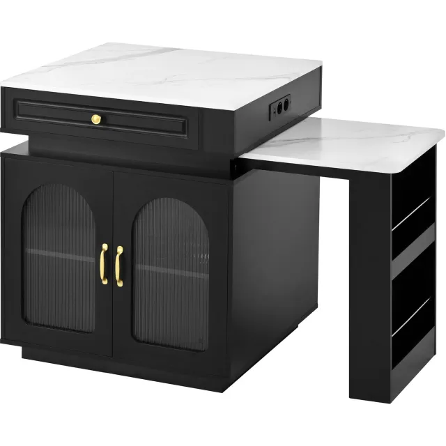 MUVANO Zwart keukeneiland op wielen – uitschuifbare eettafel voor 2 tot 4 personen, met LED-verlichting, stopcontacten en opbergruimte, 128–200 cm