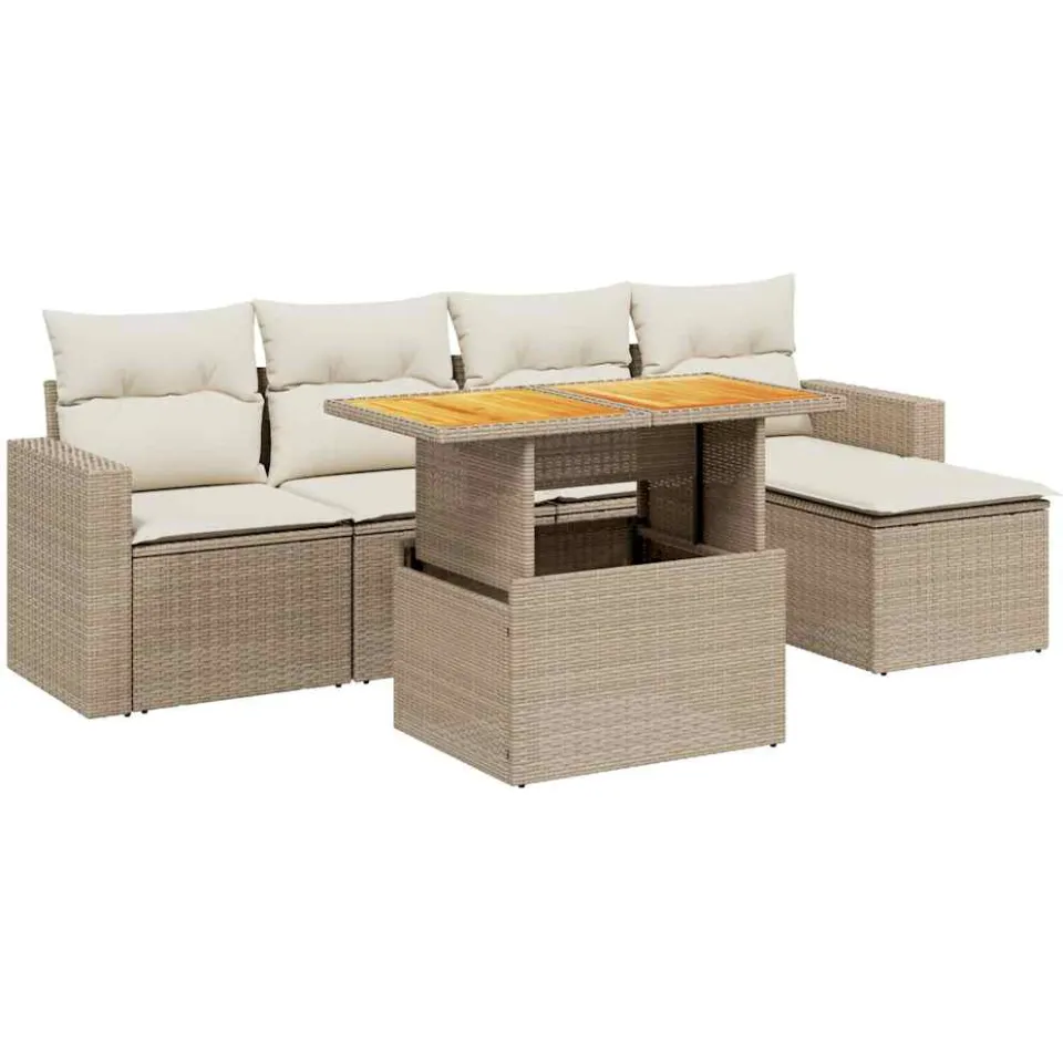 vidaXL 6-delige Loungeset met kussens poly rattan beige, foto 3
