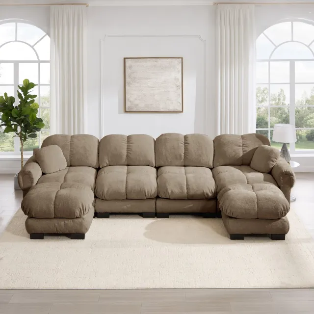 MODENUIT U-bank 330 cm - Modulaire 4-zits Met 2 Verplaatsbare Ottomans - Woonkamer - Chenille - Bruin Brown