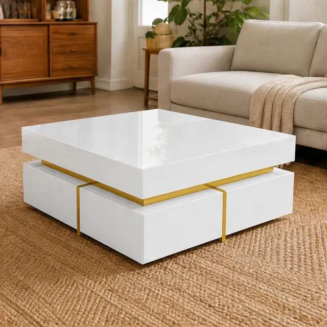 City long dragon LONG DRAGON - Salontafel - 70x70x35,5 cm wit hoogglans - vierkant met 2 lades en gouden accenten
