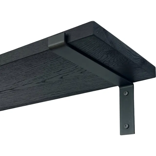GoudmetHout Wandplank Industrieel - 200 x 25 cm Muurplank - Zwart Eiken Hout - Decoratie Wandrek & Boekenrek - Hangplank Keuken - Wall Shelf + 2 Mat Blanke Plankdragers van Staal Zwart - Mat blank - 25 cm