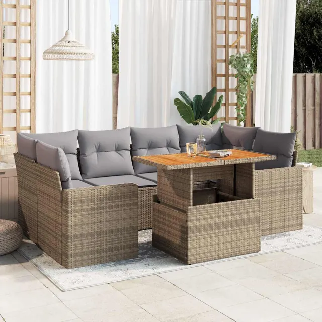 vidaXL 7-delige Loungeset met kussens poly rattan beige, foto 2