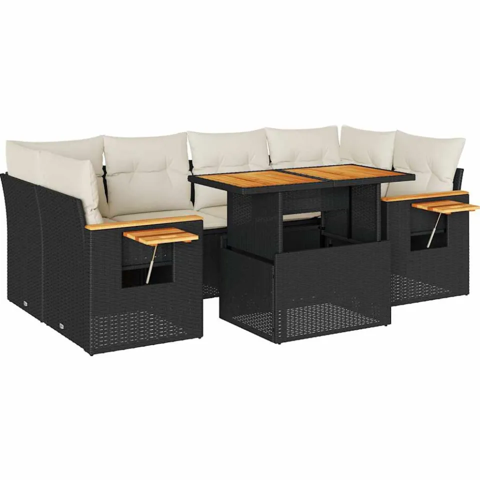 vidaXL 7-delige Loungeset met kussens poly rattan acacia zwart, foto 3