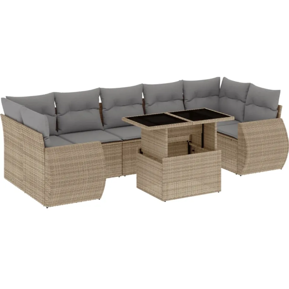 vidaXL 8-delige Loungeset met kussens poly rattan beige, foto 3